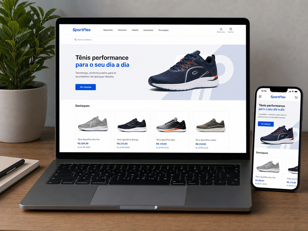 E-commerce de calçados em notebook e celular