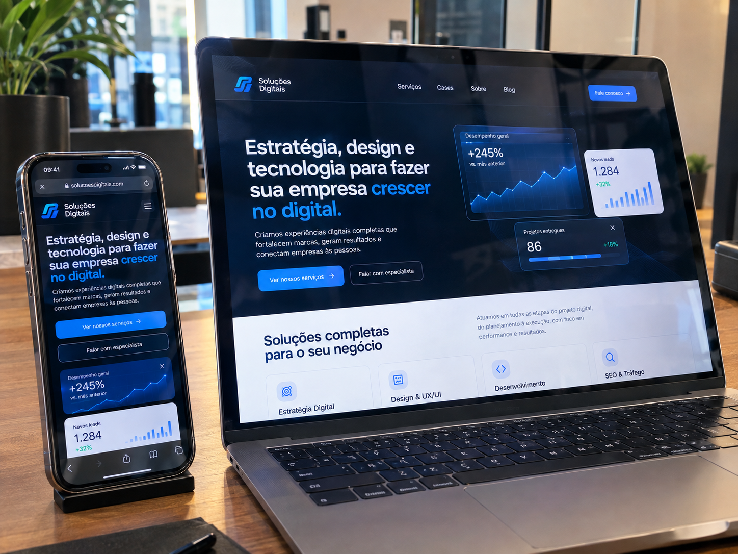 Mockup moderno de notebook e celular exibindo site profissional