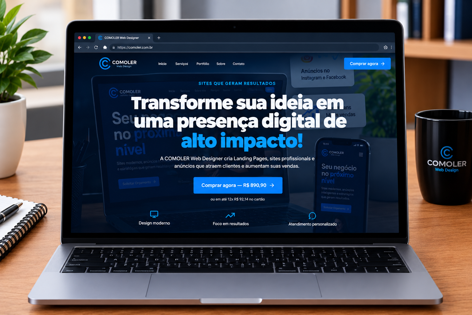 Notebook exibindo o site oficial da COMOLER Web Designer