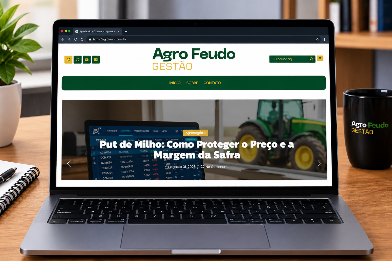 Notebook exibindo a página inicial do blog Agro Feudo Gestão