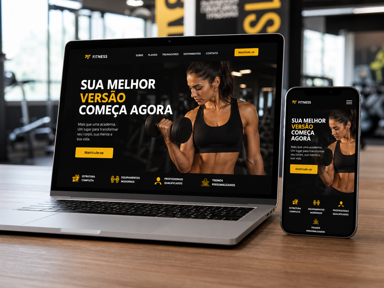 Landing page de academia em notebook e celular