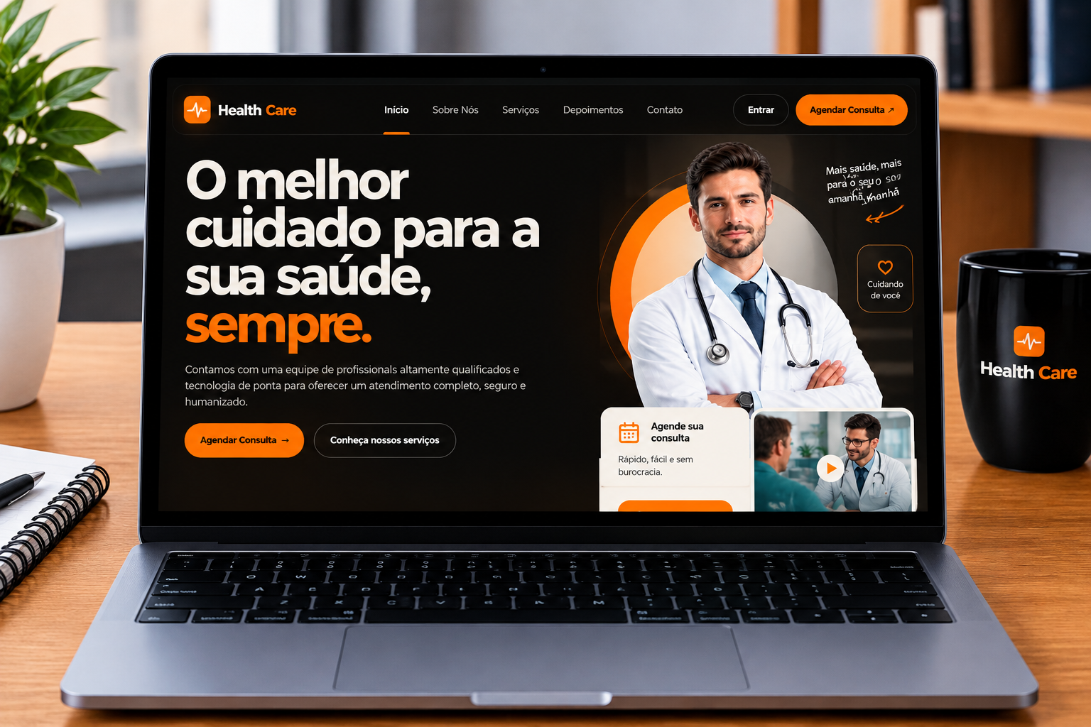Notebook exibindo o site da clínica Health Care
