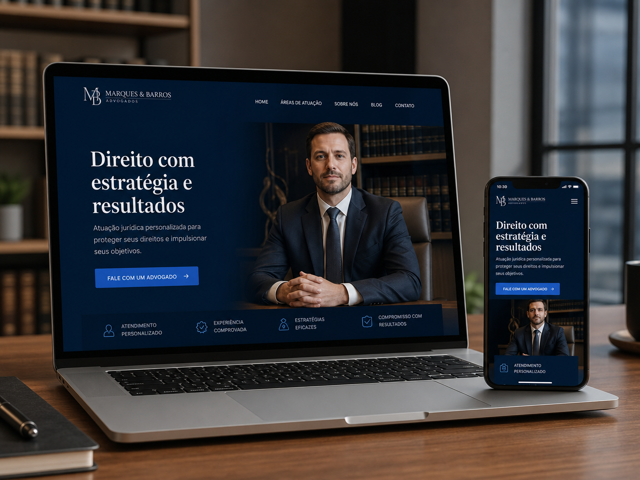Site institucional de advocacia em notebook e celular
